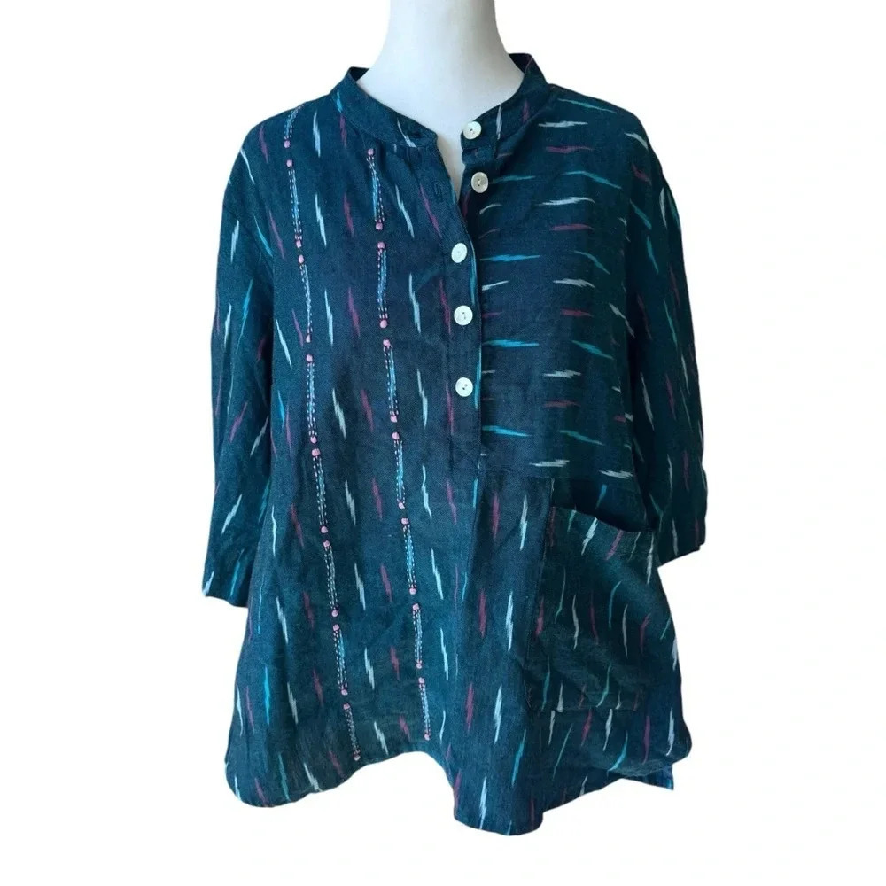 Market Place Handwork Of India Blue Cotton 3/4 Length Sleeve Tunic Size 1W